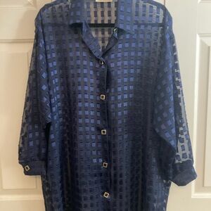 Gold and Blue Geometric Blouse with Three-Quarter Sleeves